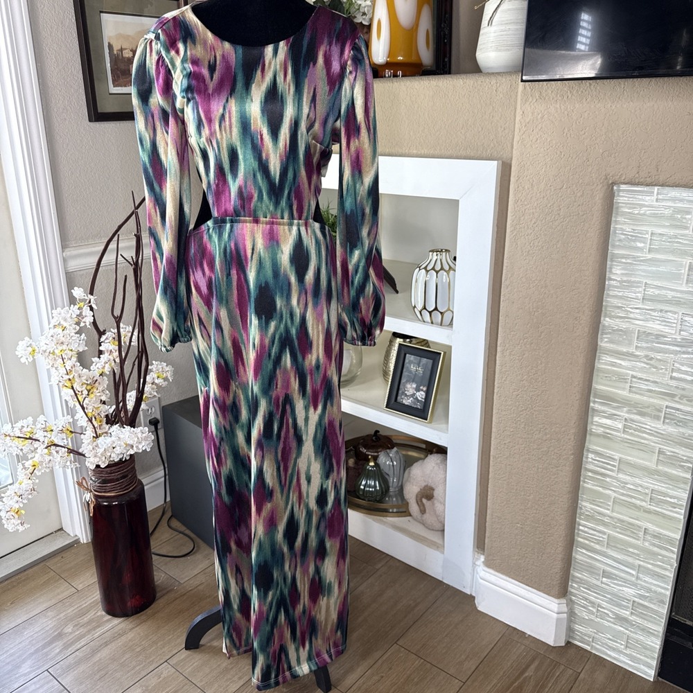 Vintage 70s  Dress Disco Boho Open Tie Back  Slits Retro Large Sparkle Colorful